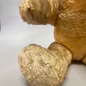 May include: Close-up of a vintage teddy bear's feet and arm. The bear is made of a soft, light brown plush fabric. The feet are slightly worn and have a faded appearance.