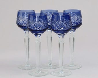 Juego de 5 copas de vino pequeñas de cristal vintage - Azul cobalto