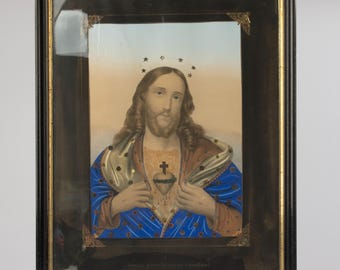 Litografia policroma del XIX secolo - Gesù Cristo - Sacro Cuore
