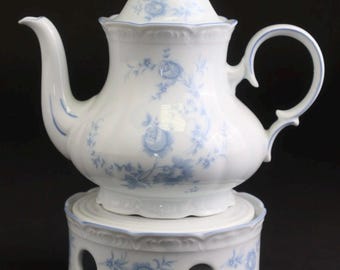Teiera in porcellana Mitterteich Bavaria con scaldavivande - Rose blu