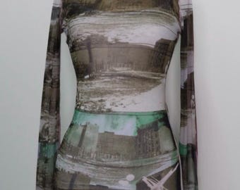 Top in rete vintage Jean Paul Gaultier - Maille - Fuzzi Italy - Stampa paesaggio urbano - Anni '90