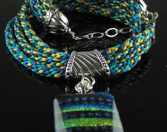 Kumihimo Triple Blue, Gold and Black Necklace with Dichroic Pendant