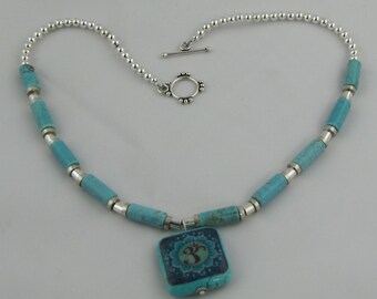 Cylindrical Turquoise and Silver Om Necklace