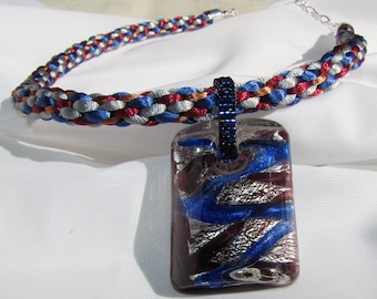 Kumihimo Necklace with Red, Silver and Blue Lampwork Glass Pendant