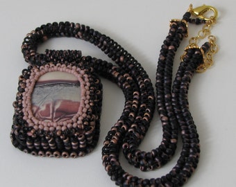 Pink and Black Beaded Cabochon Necklace