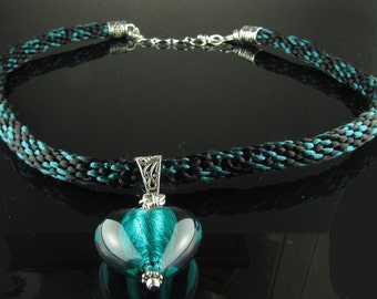 Kumihimo Black and Teal Necklace with Heart Pendant