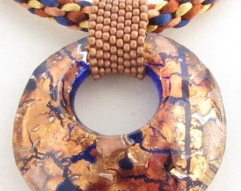 Kumihimo Necklace with Copper and Blue Murano Glass Pendant