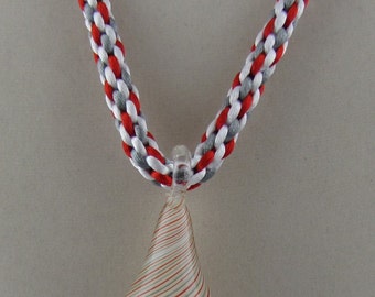 Kumihimo Necklace with White Grey and Red Blown Glass Pendant