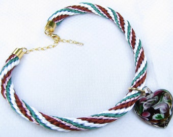 Brown, Green, Pink and White Kumihimo Heart Necklace