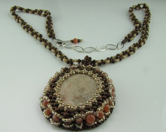 Beaded Fossilized Coral Cabochon with Carnelian