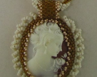 Cameo Woman with Rose  Beaded Necklace