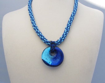 Kumihimo Necklace with Turquoise and Cobalt Blue Lampwork Glass Pendant