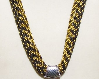 Kumihimo Triple Gold and Black Necklace with Dichroic Pendant