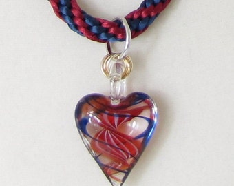 Red and Blue Kumihimo Necklace with Heart Pendant