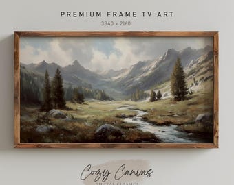 Alpine River Oil Painting: Serene Mountain Scenery for Samsung Frame TV (Digital Download)