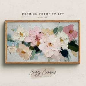 サムスンフレームテレビアート用の、淡いピンクと白の花を咲かせる牡丹を描いた鮮やかな印象派の油絵 | TV25054