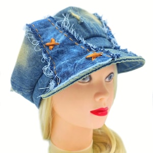 Kapelusz gazeciarza z dżinsu z recyklingu, patchworkowy, 23", przetarty, dżinsowy kapelusz z recyklingu, 58 cm, beret, boho, wyrazisty kapelusz, vintage, dżinsowy kapelusz z recyklingu