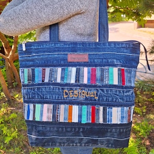 Upcycled Denim Striped Tote Bag: Boho Jean Book Bag