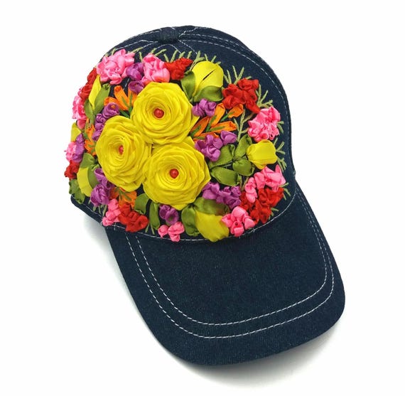 VIBRANT FLORAL EMBROIDED HAT Wash Cotton Baseball Cap, Large Hand Embroidered Flower Hat  main image 3