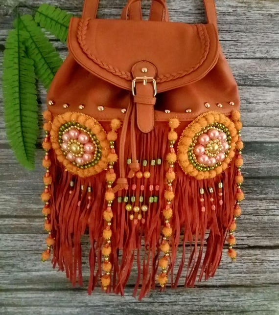 beaded tassel faux leather backpack knotty Faux Leather Fringe Backpack: Embroidered Boho Tribal Backpack