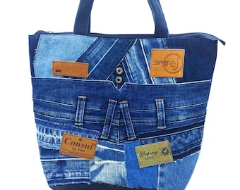 Jean Tote Upcycled Denim Bag Medium Recycled Denim Handbag Denim Shoulder Bag Denim Embroidered Tote Upcycled Denim Tote Sustainable Gift