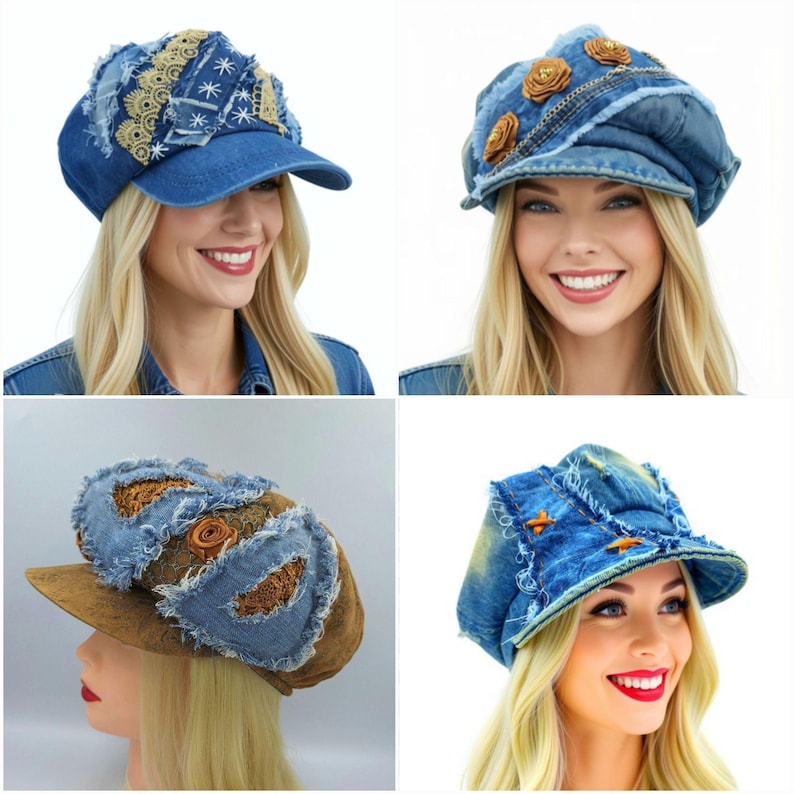 May include: Four denim hats with unique designs. One has a visor and lace details, another features brown fabric roses, and the others have decorative accents. Each hat is a different style, showcasing a variety of embellishments and textures.