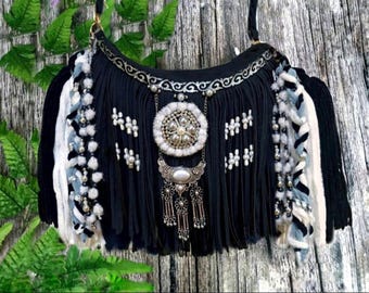 Bolso bandolera bohemio con flecos: bolso de piel sintética con flecos