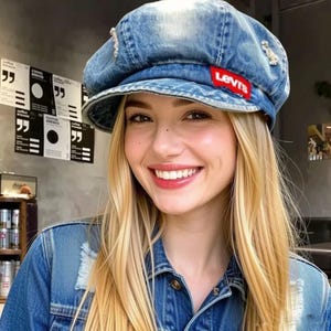 May include: A denim newsboy cap with a distressed finish and a red Levi's logo patch. The cap is worn with a denim jacket. The image shows a smiling person with blonde hair.