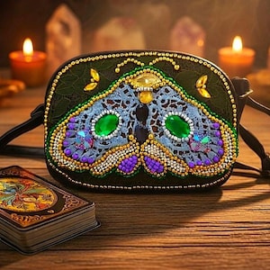 Hand Embroidered Large Leather Tarot Zip Bag Luna Moth Tarot Card Purse Tarot Cloth Bag Sacred Oracle Celestial Tarot Bag, Tarot Theme Gift