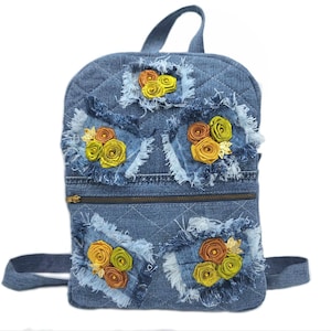 Embroidered Recycled Denim Backpack: Vintage Jean Rucksack