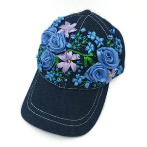 Hand Embroidered Denim Baseball Cap: Forget-Me-Not Wildflower Design