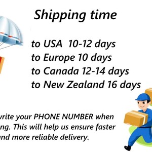 May include: Illustration of a package descending from a parachute, with text indicating shipping times to various locations: USA (10-12 days), Europe (10 days), Canada (12-14 days), and New Zealand (16 days). A delivery person is also shown.