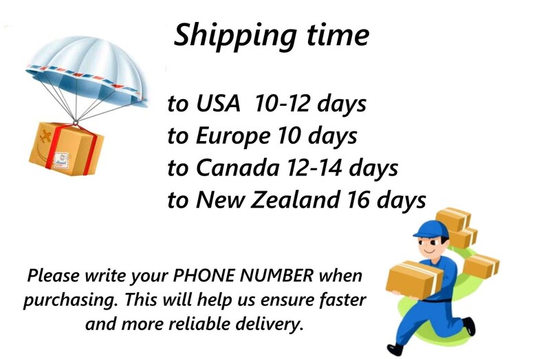 May include: Illustration of a package descending from a parachute, with text indicating shipping times to various locations: USA (10-12 days), Europe (10 days), Canada (12-14 days), and New Zealand (16 days). A delivery person is also shown.