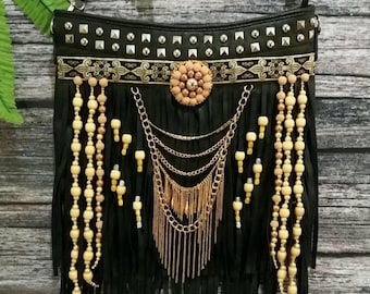 Bolso bandolera bohemio con flecos: bolso de piel sintética con flecos