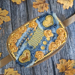 Embroidered Denim & Eco Leather Belt Bag: Jean Fanny Pack Crossbody
