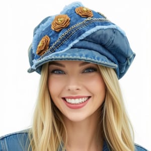 May include: A denim newsboy cap with a frayed brim and three brown fabric flower embellishments. A gold-colored chain accents the top of the cap. The hat is a light blue color.