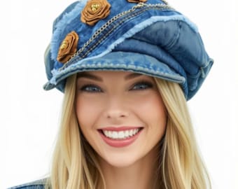 Handmade oversized jean patchwork newsboy cap 22"-23,2", Boho blue jean hat in street fashion style, Falls dreadlocks patchwork hat 58cm