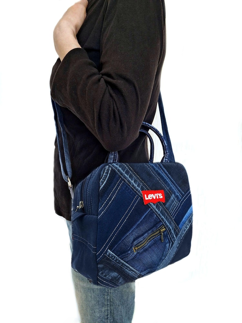 Denim Crossbody Bag Upcycled Jean Bag Zipped Denim Recycled Crossbody Bag Upcycle Jean Shoulder Levi Jean Bag Upcycle Purse Made Out of Jean image 3