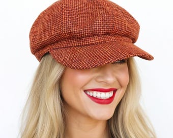 Handmade Spring Summer Newsboy Cap Womens Baker Boy Hat Cotton Newsboy Cap Plaid Retro Hat Octagonal Cap Brown Newsboy Style Hat Womens Gift