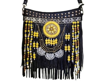 Bolso bohemio de piel vegana con flecos, bandolera estilo suroeste, bolso bohemio con flecos, bolso bohemio negro con flecos y borlas.