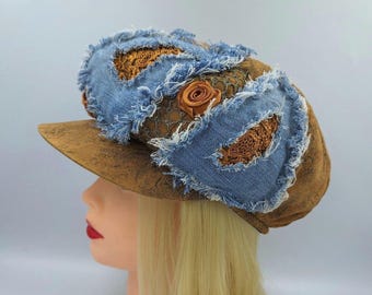 Handmade denim corduroy patchwork newsboy cap 22,4", Boho blue jean hat in street fashion style, Falls patchwork hat 57 cm Frayed Jean Hat