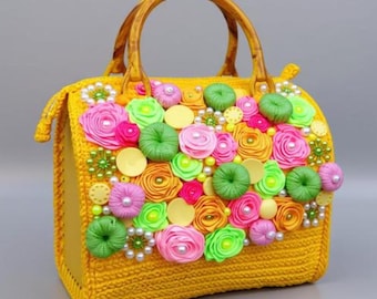 Unique Ribbon Flower Embroidery Bag Handbag Crochet Lily Purse Floral Hand Embroidery Purse Speedy Style Bag Crochet Duffle Bag Gift for Mom
