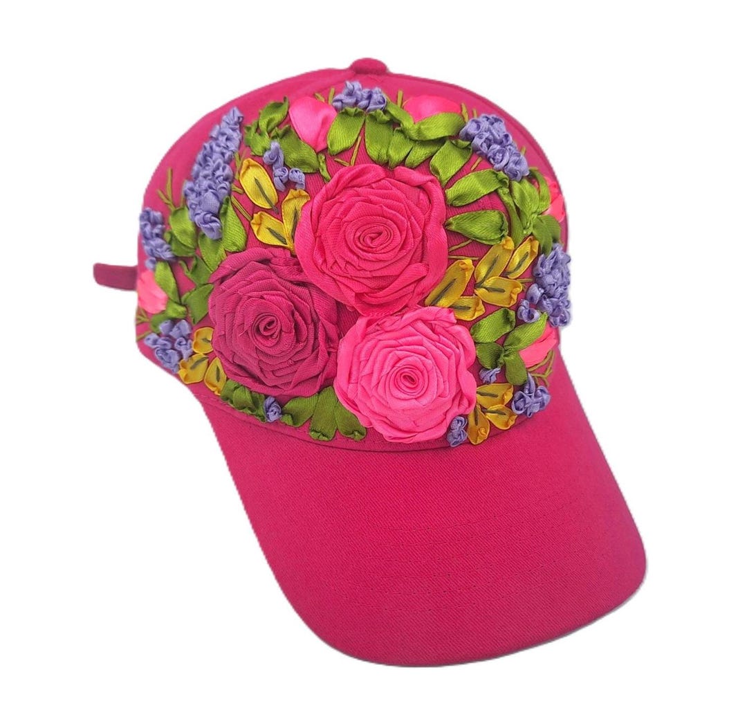 Floral Baseball Cap Embroidered Roses Floral Baseball Cap Hot Pink Hand ...