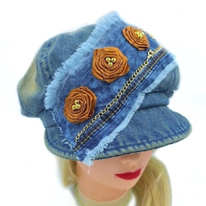 Handmade oversized jean patchwork newsboy cap 22"-23,2", Boho blue jean hat in street fashion style, Falls dreadlocks patchwork hat 58cm