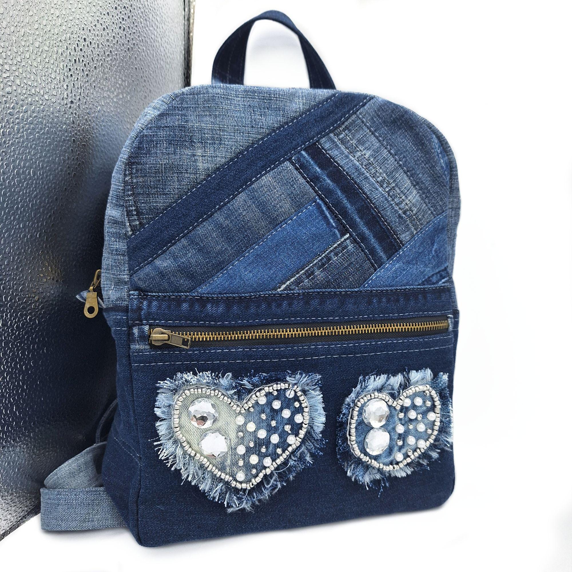Embroidered Recycled Denim Backpack Purse: Patchwork Blue Jean Rucksack