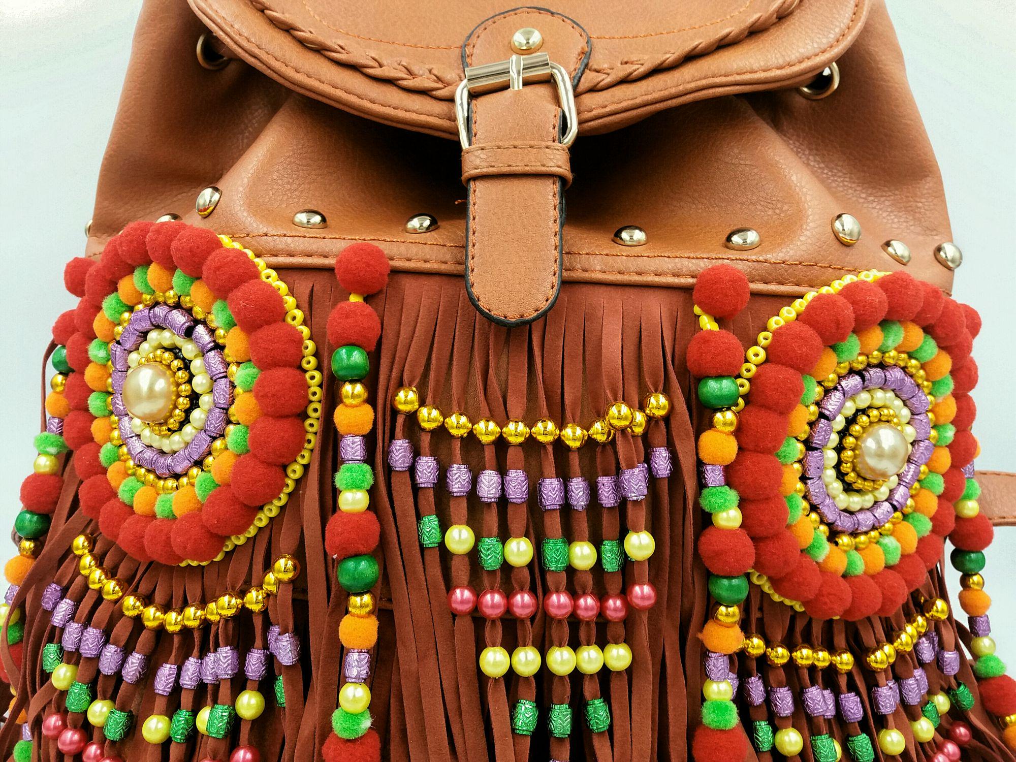 beaded tassel faux leather backpack knotty Faux Leather Fringe Backpack: Embroidered Boho Tribal Backpack Purse