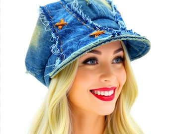 Upcycled Denim Patchwork Distressed Newsboy Hat 23", Upcycled Frayed Jean Hat 58 cm Beret Bohemian Statement Hat, Vintage Recycled Jean Hat