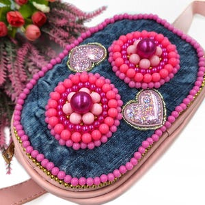 Eco Leather Jean Belt Bag Women Jean Fanny Pack Pink Waist Bag  Pink and Jean Bum Bag Denim Fanny Pack Upcycled Embroidered Denim Hip Pouch