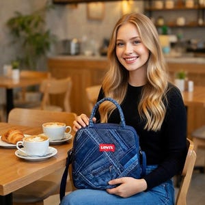 May include: A square-shaped denim handbag featuring a patchwork design of various blue denim shades, a top handle, a zippered front pocket, and a red Levi's brand label stitched onto the center. The bag includes a dark blue shoulder strap.