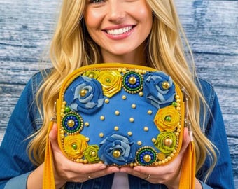 Embroidered Jean & Leather Crossbody Bag Ribbon Embroidery Floral Purse Embroidered Jean Crossbody Bag Boho Chic Crossbody Recycle Denim Bag